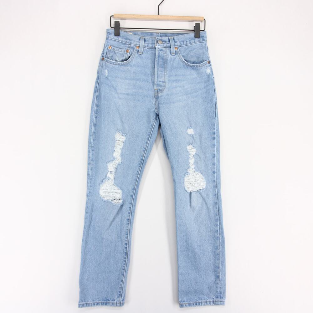 Levis 501 Crop Jeans Womens 26x28 Blue Distressed Straight Leg Button Fly